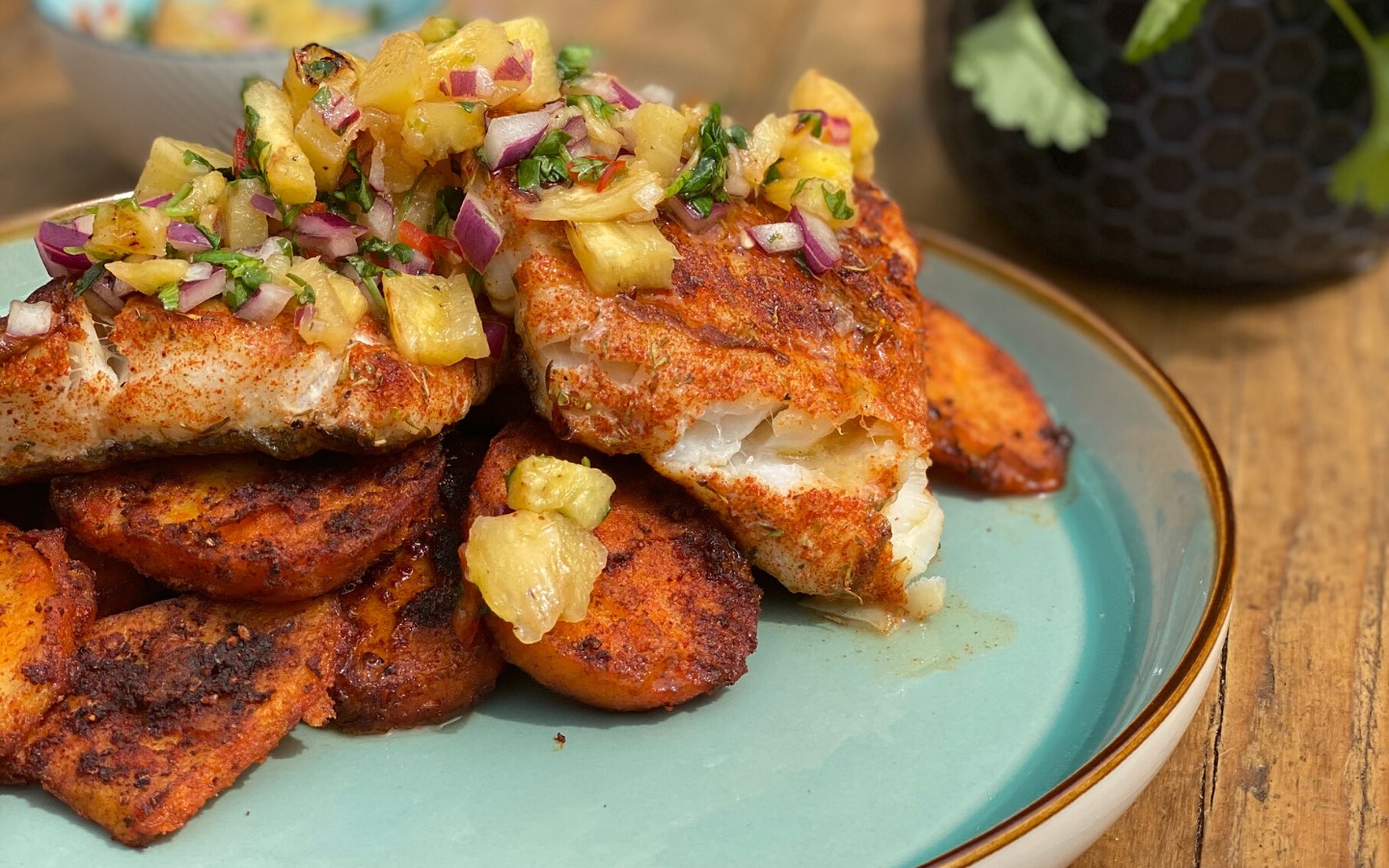 Cajun Cod with Seared Pineapple Salsa and Southern Fried Potatoes